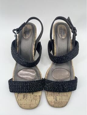 Life Stride Velocity Black Woven Ankle-Strap Wedge Sandals 9M Memory Foam